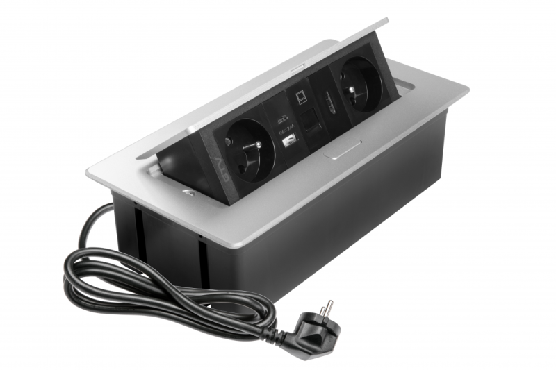 Prise de meuble MULTISOFT 2x Prise avec Terre, USB A+C, RJ45, HDMI, Câble d'alimentation avec prise, Aluminium