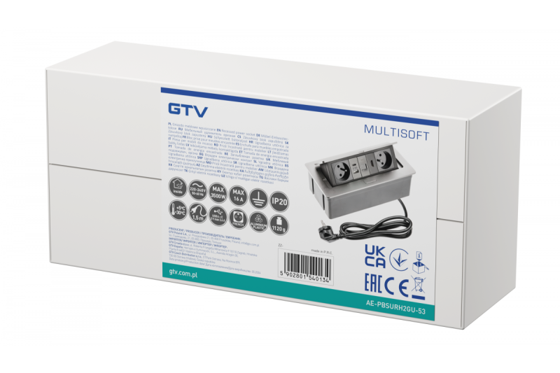 Prise de meuble MULTISOFT 2x Prise avec Terre, USB A+C, RJ45, HDMI, Câble d'alimentation avec prise, Aluminium