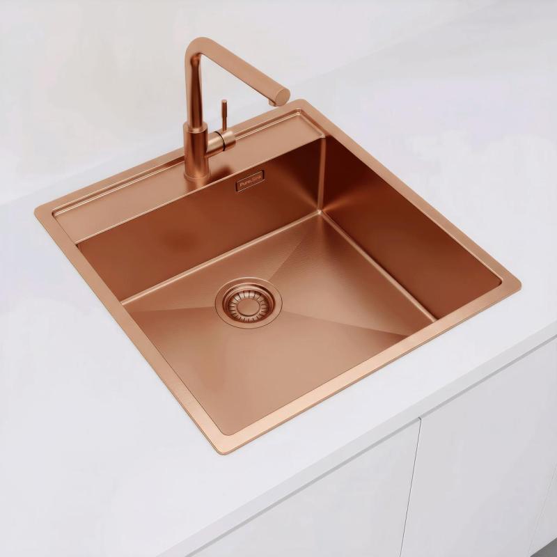 Pure.Sink Luxion Évier en cuivre 51 x 50 cm Tapwing avec banc à trou pour robinet PLX5150T-62