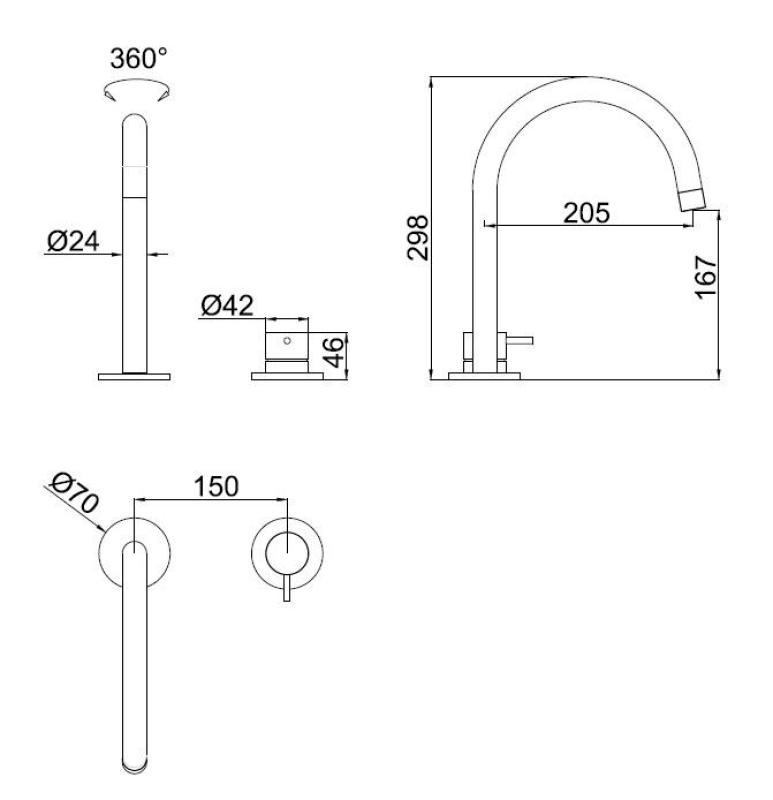Pure.Sink Luxion Robinet de cuisine 2 trous en acier inoxydable massif avec bec rond PLX2HR-02