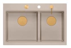 Quadri Hard Rock Double Évier en Granit Beige 76x50 cm avec Bouchon en Cuivre et Accessoires 1208971726