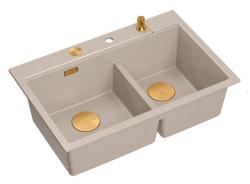 Quadri Hard Rock Double Évier en Granit Beige 76x50 cm avec Bouchon en Cuivre et Accessoires 1208971726