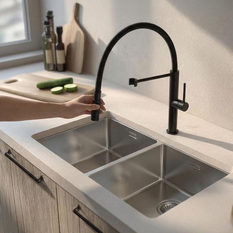 Pure.Sink Luxion Robinet de cuisine noir mat Profi avec bec flexible et 2 types de jet PLXFLEX-10