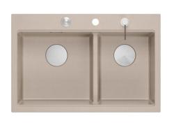Évier encastré en granit beige double Quadri Hard Rock 76x50 cm avec bouchon en acier inoxydable et accessoires 1208971749