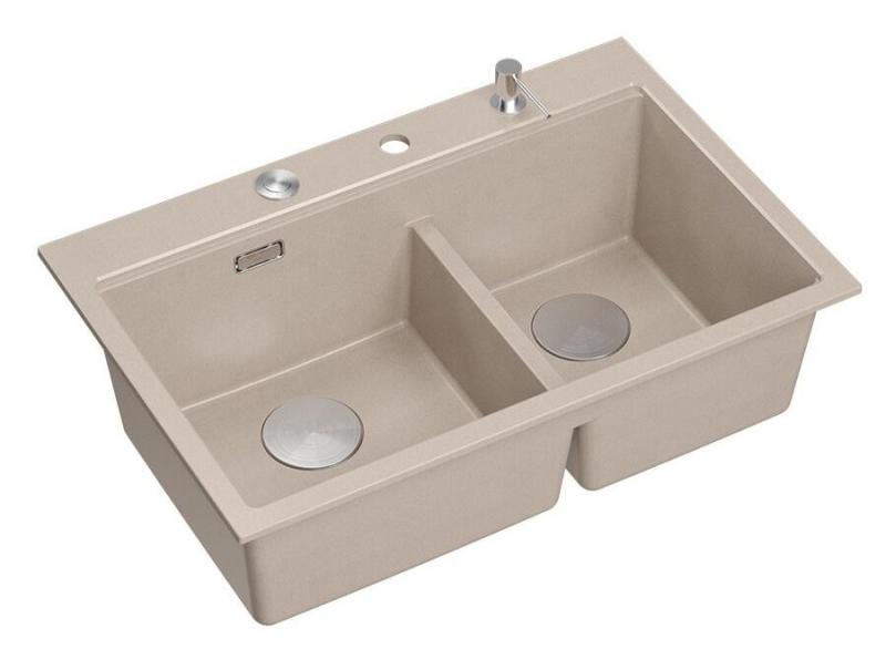 Évier encastré en granit beige double Quadri Hard Rock 76x50 cm avec bouchon en acier inoxydable et accessoires 1208971749