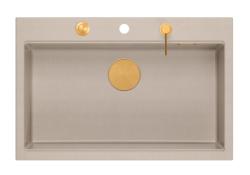 Quadri Hard Rock Beige granit montage grande évier 76x50cm incluant bouchon de cuivre et accessoires 1208971750