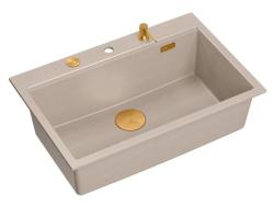 Quadri Hard Rock Beige granit montage grande évier 76x50cm incluant bouchon de cuivre et accessoires 1208971750