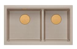 Quadri Newport II Double Beige Granit Évier de surface 76x45 cm avec Bouchon en cuivre 1208971752