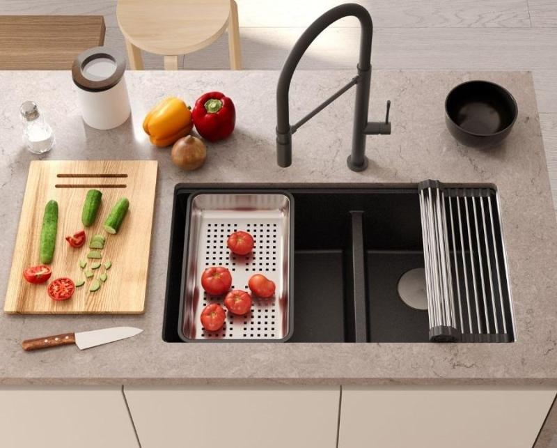 Quadri Newport II Double Beige Granit Montage Évier 76x45 cm avec Bouchon Doré 1208971753