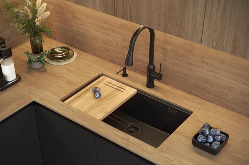 Quadri Newport II grand et profond évier en granit à poser et à encastrer beige 76x45cm avec bouchon doré 1208971759