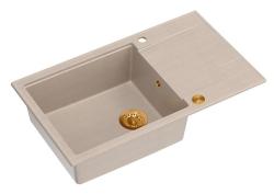 Évier de montage supérieur Quadri Luton beige en granit avec égouttoir réversible 86x50cm avec bouchon en cuivre 1208971773