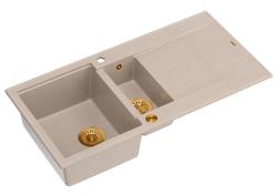 Quadri Luton pearl beige granit monté 1,5 évier avec égouttoir réversible 100x50cm avec bouchon en cuivre 1208971792