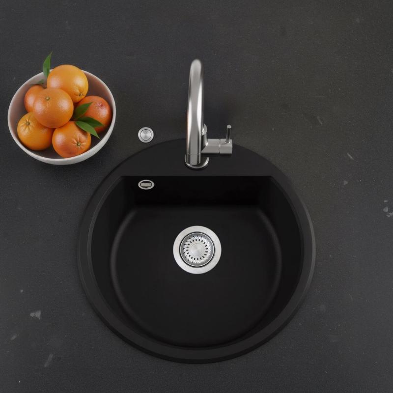 GraniteMy Bremen évier rond en granit de 43 cm noir, encastrable et sous-meuble, avec trou de robinet et bouchon automatique en acier inoxydable 1208971840