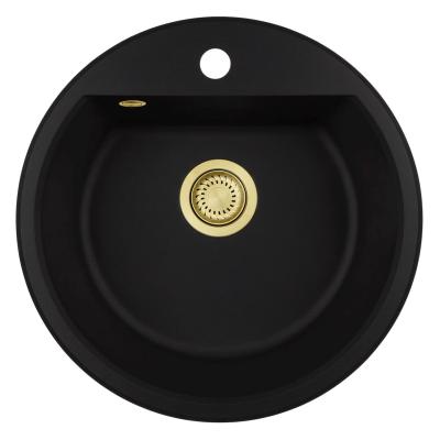 GraniteMy Bremen évier rond en granit 43 cm noir, montage en surface et sous plan, avec trou pour robinet et bouchon automatique doré 1208971843
