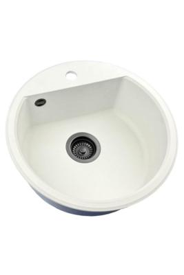 GraniteMy Bremen évier rond en granit de 43 cm blanc, à poser et encastrable, avec trou pour robinet et bouchon automatique noir 1208971846