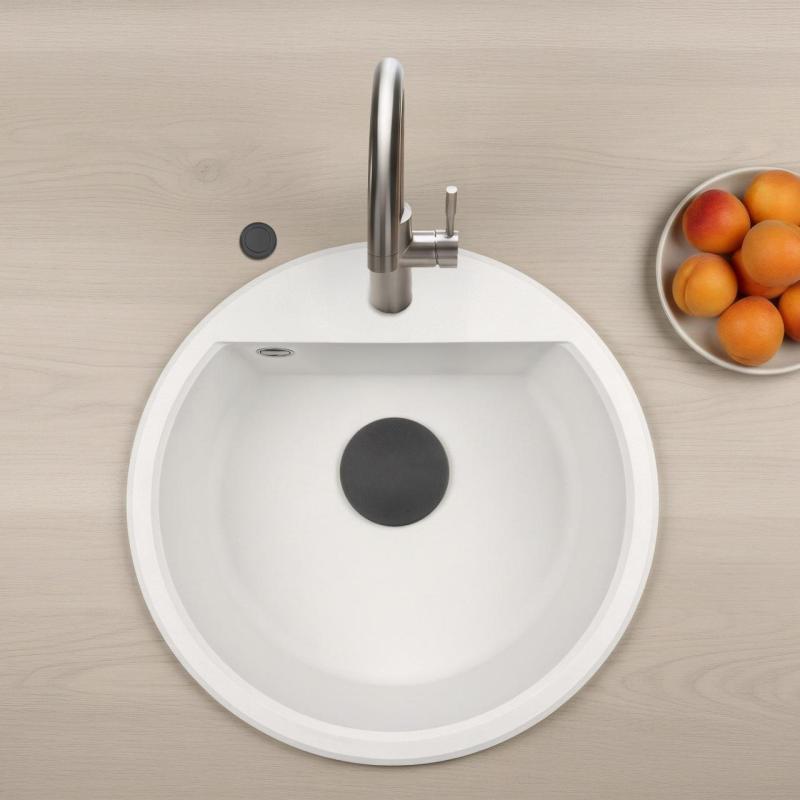GraniteMy Bremen évier rond en granit de 43 cm blanc, à poser et encastrable, avec trou pour robinet et bouchon automatique noir 1208971846