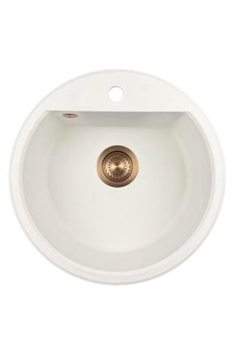GraniteMy Bremen évier rond en granit 43 cm blanc, à poser et à encastrer, avec trou pour robinet et bouchon automatique en cuivre 1208971847