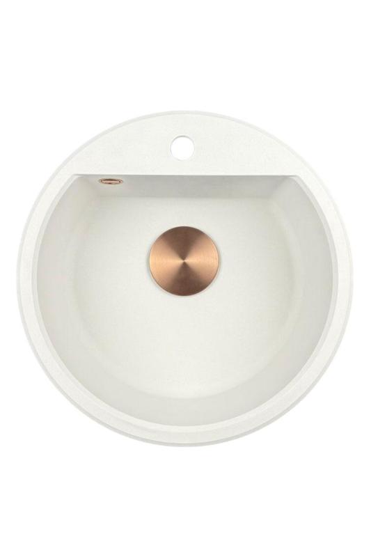 GraniteMy Bremen évier rond en granit 43 cm blanc, à poser et à encastrer, avec trou pour robinet et bouchon automatique en cuivre 1208971847