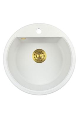 GraniteMy Bremen évier rond en granit de 43 cm blanc, à poser et à encastrer, avec trou de robinet et bouchon automatique doré 1208971848