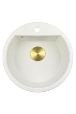 GraniteMy Bremen évier rond en granit de 43 cm blanc, à poser et à encastrer, avec trou de robinet et bouchon automatique doré 1208971848