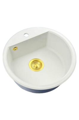 GraniteMy Bremen évier rond en granit de 43 cm blanc, à poser et à encastrer, avec trou de robinet et bouchon automatique doré 1208971848