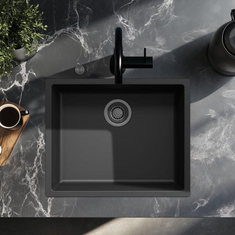 Évier Ausmann Fibre noir 50x40cm encastrable, à poser et affleurant avec bouchon automatique en métal gris foncé 1208971860