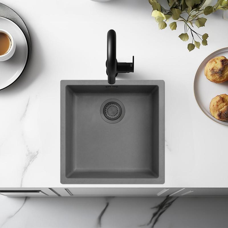 Évier en fibre de béton Ausmann gris 40x40cm pour montage sous plan, montage en surface et encastré avec bouchon en métal couleur canon de fusil 1208971882