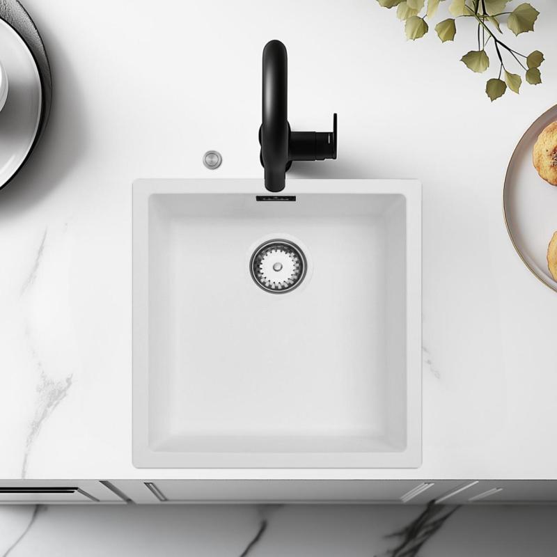 Évier Ausmann Fibre blanc 40x40cm sous plan, encastrable et à fleur avec bouchon automatique en acier inoxydable 1208971891
