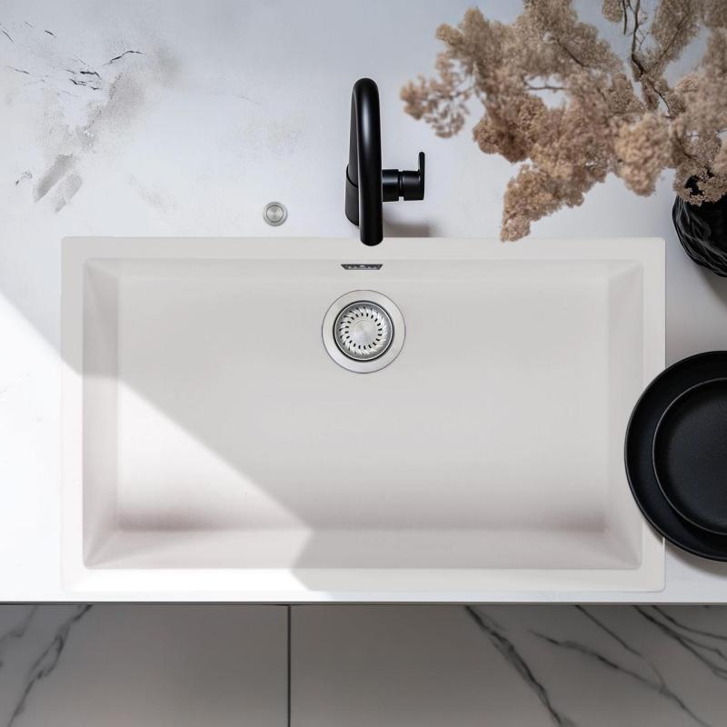 Ausmann Fibre blanc grand évier 70x40cm encastré, à poser et à fleur avec bouchon automatique en acier inoxydable 1208971904