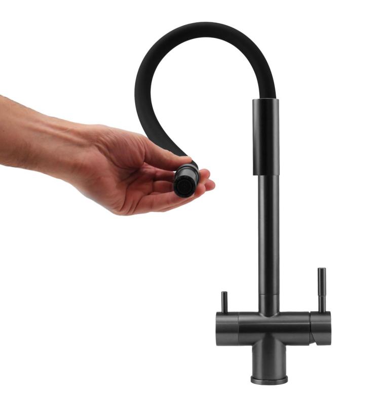 Pure.Sink Elite Steel Flex 3-voie PVD gun metal robinet de cuisine avec sortie flexible et Eau Filtrée PS8110-61