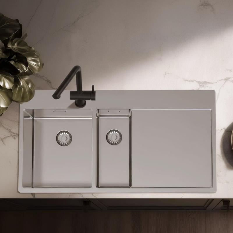 Pure.Sink Exclusivo Évier en acier inoxydable 1,5  avec égouttoir 100 x 52 cm Robinet à levier gauche PEX3418100LT-02