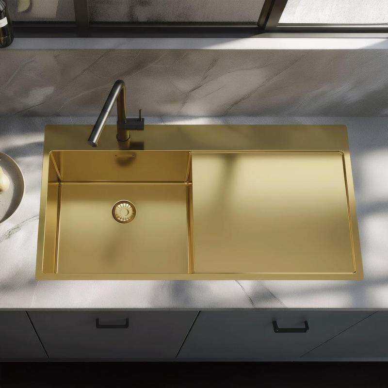 Pure.Sink Exclusivo Évier doré avec égouttoir 100 x 52 cm Robinet à levier gauche PEX47100LT-60