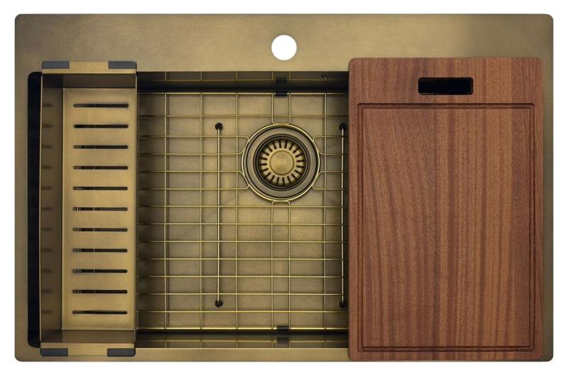 Pure.Sink Luxion Grand évier PVD antique en bronze 78 x 50 cm Tapwing avec banc de robinetterie et étagère inférieure PLX7850T-64