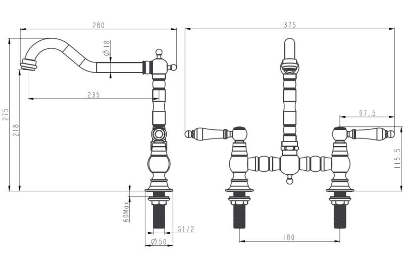 Aquanello Heritage Manor Robinet de cuisine classique de style rétro, pont, bronze avec poignée blanche BN-0010-HM