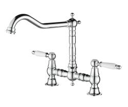 Aquanello Heritage Manor Robinet de cuisine classique Nostalgic Bridge en chrome avec levier blanc CR-0010-HM