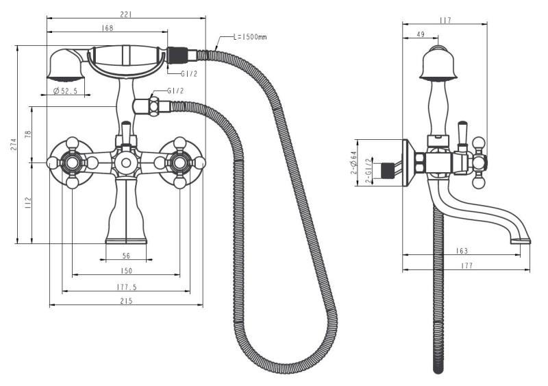 Aquanello Heritage Ascot Mitigeur de baignoire classique avec boutons étoile en acier inoxydable, douchette à main incluse NB-3002-HA