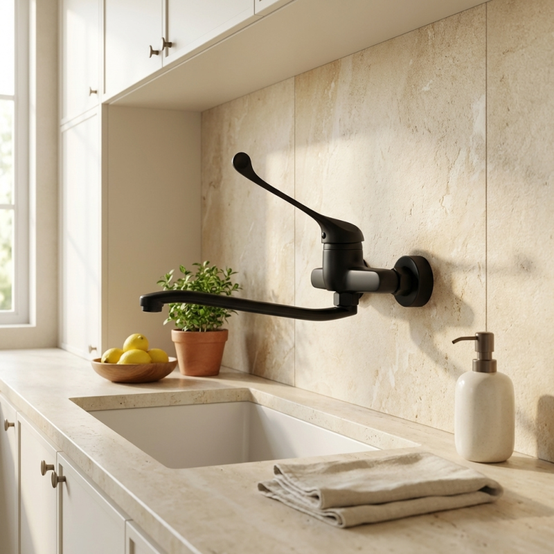 Aquanello Medic Robinet mural de cuisine à longue poignée noir BL-1005-MD