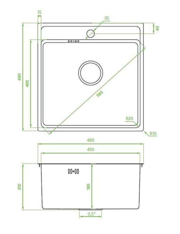 Aquadesign Plana Évier en acier inoxydable à encastrer 48 x 49 cm avec trou pour robinet, siphon et bouchon de vidange Clickclack inclus 1208972559